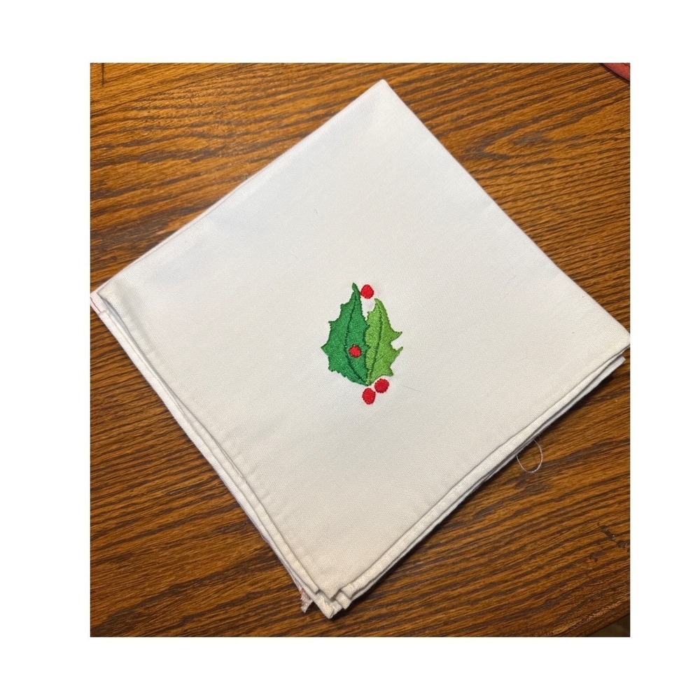 Handmade 16x16 Embroidered Holly Berry Holiday Napkins set of 4 Christmas Decor
